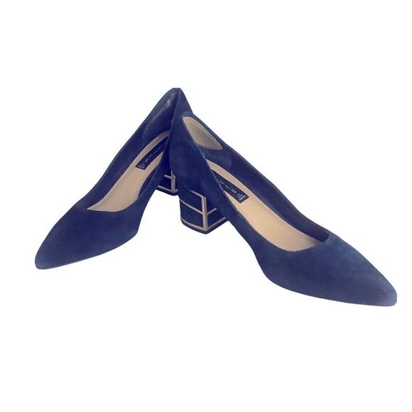 Gorgeous Blue Suede Shoes with Block Heel Caged in Gold from Steven Size by 8M - Picture 1 of 10